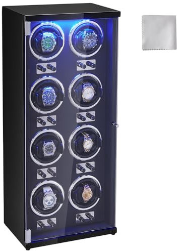 VEVOR Uhrenbeweger, Automatik-Uhrenbeweger, Watch Winder, Uhrenbeweger für Automatikuhren, Automatischer Uhrenbeweger mit Platz für 8 Uhren, LED Beleuchtung, 150–207 mm Einstellbar Riemenlänge