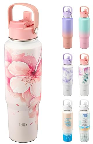 THILY Stainless Steel Sports Water Bottle Vacuum Insulated 40 oz Leakproof Wide Mouth Water Flask with Lid and Straws, Cupholder Friendly, Keep Hot 12 Hours Cold 36 Hours, Cherry Blossoms