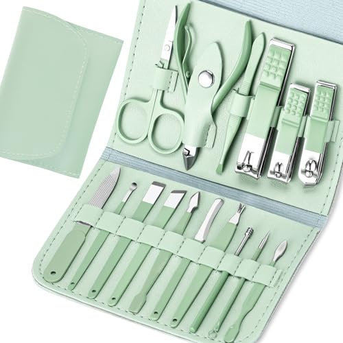 START MAKERS Manicure Set - 16 in 1 Professional Nail Clipper Set - Stainless Steel Pedicure Kit Nail Care Kit for Men Women with Storage Travel Case, Green