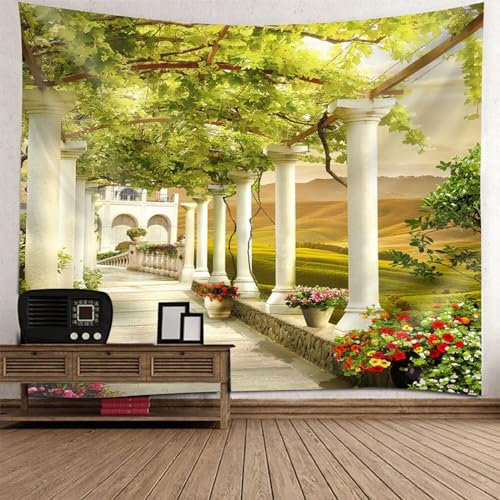 AMDXD Tapisserie 200x200cm, Natur Landschaft Wandteppich Innenhof Design Muster Wandtuch Grün Weiß in Polyester, Tapestry für Wohnzimmer, Wohndekor