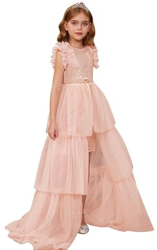 GRACE KARIN Girls Cute Glitter Sequin Dresses Princess Dress+Mesh Tiered Skirt Party Outfits Champagne Pink 11-12 Years
