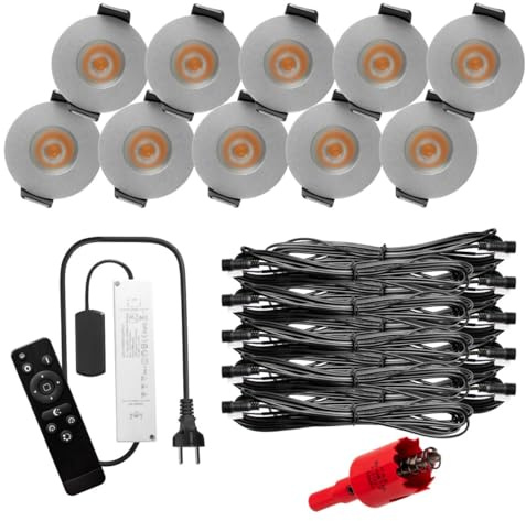 S-Polytec PREMIUM Mini LED- Einbauspots Warmweiss 3.000K, DIMMBAR, IP65, FUNK 3W Einbaustrahler Terrassenüberdachung, Bad, Sauna mit Fernbedienung (SILBER, 10x LED-SET)