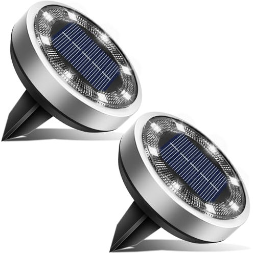 btfarm 2 Pezzi Luci Solari da Giardino, 8 LEDs Faretti Sepolta Solari a Led da Esterno, IP65 Impermeabile Lampade Solare da Terra per Cortile Prato Vialetto Strade, Bianco Freddo