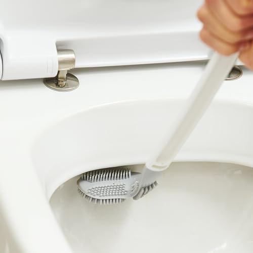 Reach Everywhere Silicone Toilet Brush with Holder - Grey & White Soft Flexible Bristle Anti-Scratch Lightweight Effective Right-Angled Loo Cleaning Tool – Measures H41.5 x W7 x D10cm