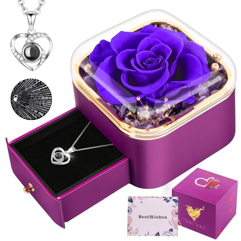 Rosa Eterna con Collana Personalizzata, Idee Regalo Donna Mamma Moglie, Rose Stabilizzate Vera per San Valentino, Festa della Mamma, Natale, Anniversario (Viola)