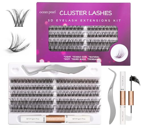 Ocean Pearl Cluster Lashes Kit 120PCS Individual Eyelashes 12-20mm DIY Lash Extension Kit Natural Lash Clusters Fluffy Eyelash Clusters with Bond and Glue Lash Tweezers-DM01