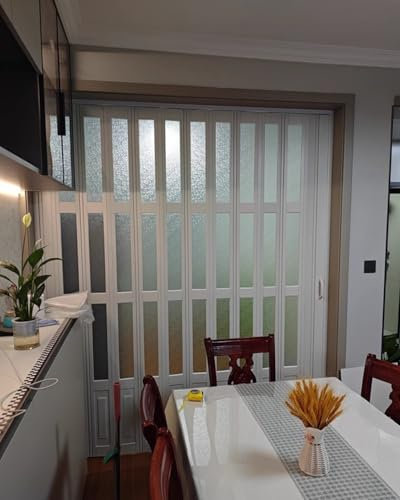 Porta a Soffietto da Interno Porte Pieghevoli Interne per Cucina in Legno Bianco, Pannello Scorrevole per Armadio con Finestra a Griglia in Acrilico Smerigliato, Cancelli Divisori per Porta Extra Larg