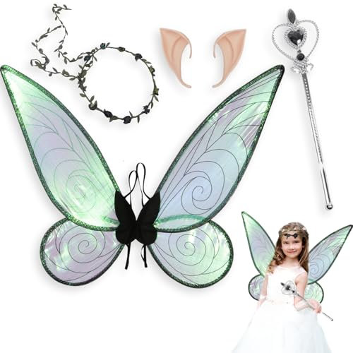 YongSral Feenflügel Kinder, 4 Stück Schmetterling Kostüm Kinder, Fairy Wings mit Elfenohren, Zauberstab und Haarreifen, Schmetterlingsflügel Kinder, Fairy Costume für Karneval und Cosplay (Schwarz)