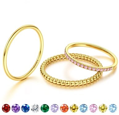 JeryWe Bague Pierre de Naissance - Bagues Fines Empilables en Or pour Femmes, Plaquées Or 14K, Anti-Ternissure, avec CZ, Alliances Dorées et Bagues de Fiançailles ÉtanchesOctobre rose 57