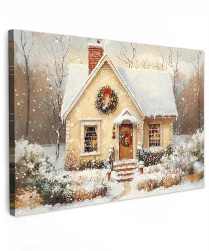 MuchoWow© Impressions sur Toile 120x80 cm Deco Tableau Murale Cadeau Noel Decoration Salon Peinture Tableaux Chambre Toiles Maison Noël - Maison - Hiver - Neige - Beige