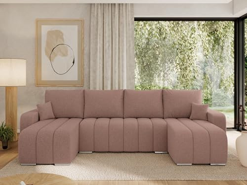 MKS MEBLE Sofa mit Schlaffunktion - Ecksofa mit Schlaffunktion und Bettkasten - Sofa 3 4 5 Sitzer - Schlafsofa - Couch - Schlafsofa mit Bettkasten - Kirasso U -Rosa Boucle