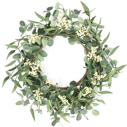 50cm Eukalyptus-Kranz für Haustür, Frühling Sommer Kränze mit Beeren | Frühling Sommer, mit weißen Beeren, Künstliche Türkranz, für Fenster Hochzeit Bauernhof Patio Garten Party Dekor