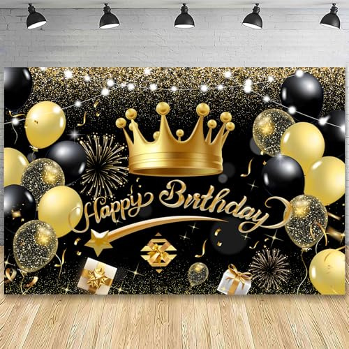Fairymaiden Glänzendes Happy Birthday Geburtstagsdeko Schwarz Gold Alles-in-One: Banner, Krone, Hintergrund, Balloons & Zubehör Passend für alle Altersgruppen – Innen/Outdoor-einsatzbar (150 x 100 cm)