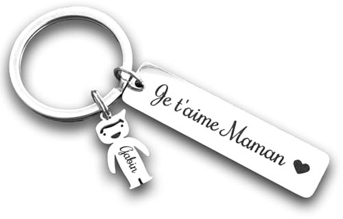 Porte-clé Personnalisé Je t'aime Maman, Argenté, avec Breloques Personnalisables