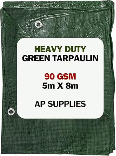 5m X 8m Green Tarpaulin Cover - 90gsm Thick - Waterproof, Weatherproof, Frost-Resistant, UV Protection, Universal, Multipurpose, Groundsheet, Camping, Boating, Hiking, Light Duty Sheet