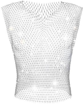 GENEMEN Mens Mesh Rhinestone Tops V-Neck Fishnet Tank Top Sexy Sleeveless Cropped Shirt Rave Sheer Vests (Black, L)