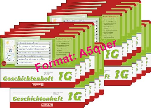 BRUNNEN Geschichtenheft | A5quer Lineatur 1G, 16 Blatt, grün 20er Pack - Wahlweise mit Pelikan Griffix Schreiblernfüller