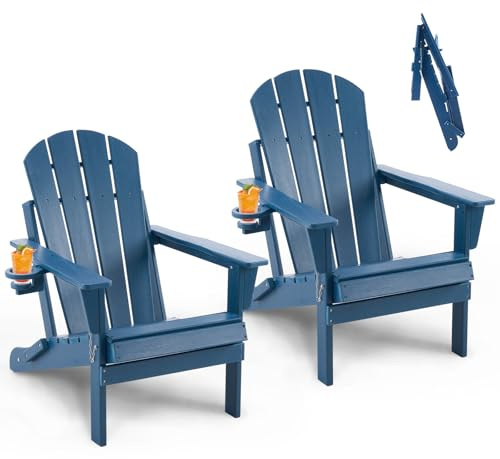 FurniSoar Adirondack Stuhl 2er Set Klappstuhl mit Getränkehalter, Wetterfest Gartenstuhl Patio Stühle, Gartensessel aus Kunststoff für Garten, Terrasse und Balkon, Blau 2pcs