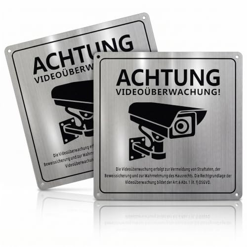 IUSOT 2 Stück Schild Videoüberwachung mit DSGVO Hinweis – 10 x 10 cm Warnschild Kameraüberwachung aus Aluminium Gebürstet, Achtung Kamera Schild für Privatgrundstück, Einbruchschutz Außen