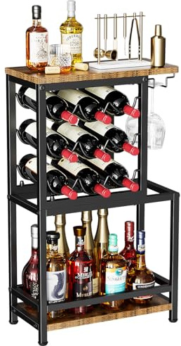 Nuovoware Portabottiglie a 3 ripiani, da appoggio, marrone e nero | con portaocchiali, espositore versatile per liquori, per casa, minibar, espositore da tavolo angolare per liquori e whisky