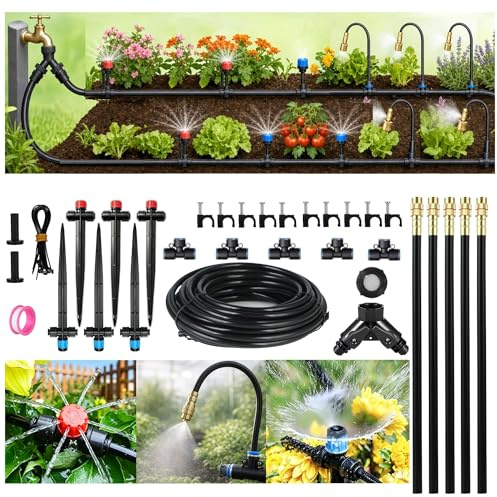 Bewässerungssystem Micro Drip System für den Garten: 15M 11 Sprühnebel Düsen Flexibler Tropfschlauch Automatisch Set Hochbeet Balkonkästen Rasen Schnellverbinder Mistingdüse 6mm Nebelkühlsystem