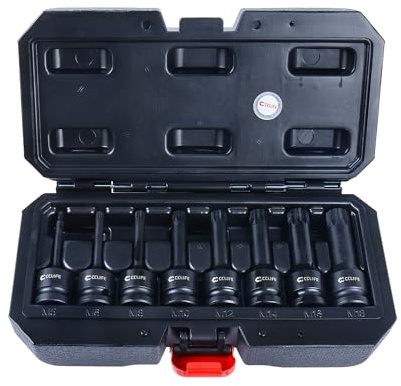 CCLIFE XZN Steckschlüssel 1/2 Zoll 8-tlg M5–M18 tief 78 mm | XZN Vielzahn Steckschlüssel|8-tlg Set|M5–M18|Steckschlüssel tief 78 mm|1/2 Zoll|CR-MO|einteilig geschmiedet|Aufbewahrungsbox