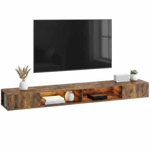 HOMCOM TV Stand for TVs up to 75 Inch Wall-Mounted 4 Shelves Rustic Brown | Industrial Entertainment Center, RGB LED Lights, USB Powered, Media Console Table, Open Storage, Living Room