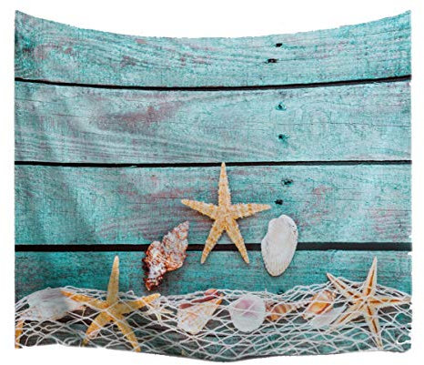 A.Monamour Wanddekor Wandteppiche Retro Blaue Holzfußböden Fischernetz Muschel Muscheln Starfish Nautisch Bedruckte Stoffe Polyester Wand Hängende Tapisserie Vorhänge Für Schlafzimmer Dekore 229x153cm