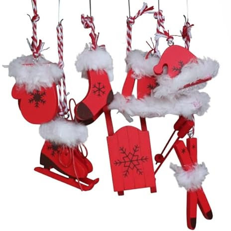 B&B 6 teiliges Set Christbaumschmuck ROT OTH451 Ski Schlittschuhe Holz Nostalgie Baumschmuck Alpen Thema Winter Ski Fahren Chirstbaumdeko Hänger Holzdeko Shabby Chic