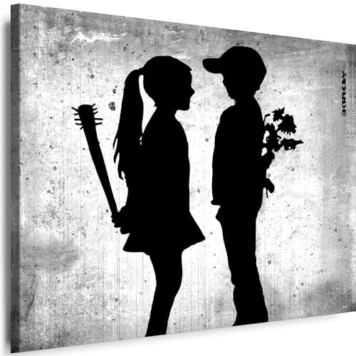 Myartstyle - Bilder Banksy Mädchen und Junge Graffiti Street Art 80 x 60 cm Leinwandbilder Xxl - 1 Teilige Wandbilder Kunstdrucke w-a-2040-93