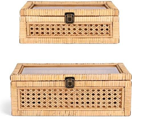 HUAXIN CRAFT H Rattan-Dekobox mit Deckel, rechteckig, geflochten, mit Glas, 2 Stück