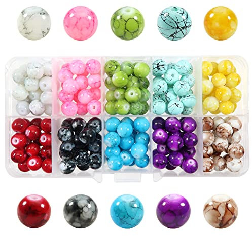 TOAOB 200 Piezas Cuentas de Vidrio Crackle Multicolor Patrón de Mármol de 8 mm Perlas de Cristal Redondas Abalorios de para Hacer Bisuteria Joyas y Manualidades Collares Pulseras Accesorios