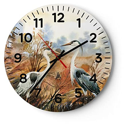 Modern Wanduhr Kraniche Vögel Herbst 40x40cm Rund Groß Wand Uhr Glas Analog Zimmeruhren Küche Büro Wohnzimmer Glasuhr Wall Clock Dekoration Design Wanddekoration Küchenuhr C4AR40x40-5077