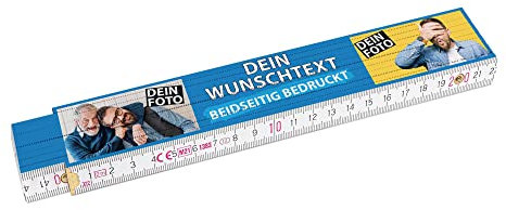 2 Meter Zollstock bedrucken mit Text und 2 Fotos - Beidseitig bedruckter Zollstock mit Namen und 2 Bilder personalisierte Geschenke für Handwerker | Buchenholz, Hintergrund Royalblau