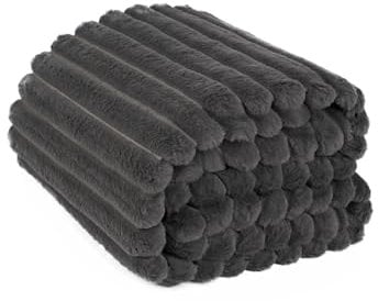 OHS Throws for Sofa Charcoal Grey, Faux Fur Rib Thick Blanket Throw for Winter Ultra Soft Cosy Warm Sofa Throw Blanket for Bedroom Living Room, 125x150cm