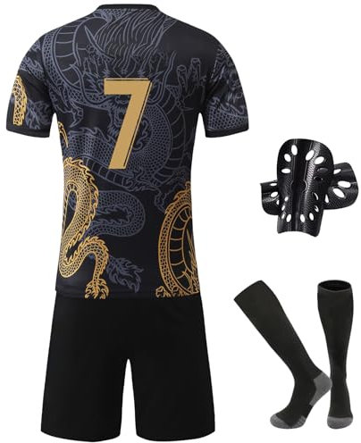 Pardofelis Fußball Trikot für Kinder, Trikot Nr. 7 Fußballtrikots Fussball T-Shirt Shorts Socken und Schienbeinschoner Set, Outdoor Football Jersey für Junge Anzug (Schwarz, 24)