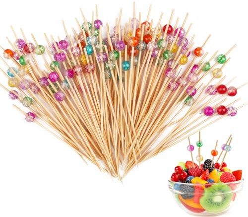 100 Stück Zahnstocher, Cocktail Zubehör, Holzspieße, Cocktailspieße Deko, Spieße Fingerfood, Zahnstocher Holz, Buffet Zubehör, Spiesse für Snacks Fingerfood Partys (Farbige Kristallperlen)