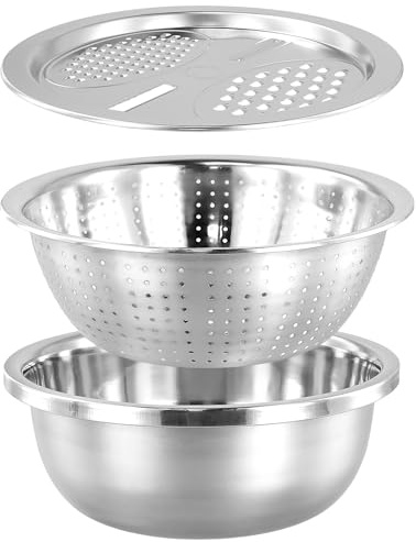 FUNSUEI 3er Set Nudelsieb Edelstahl, Schüssel mit Reibe und Sieb, Küchensieb Salatsieb, Seiher Abtropfsieb Edelstahl, Reis Waschschüssel für Gemüse Früchten Nudeln Reis