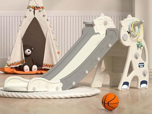4 in 1 Kids Slide with Basketball Hoop & Ring Toss, Foldable Toddler Slide, Freestanding Playground Climber for 1-4 Years Boys & Girls (Grey)