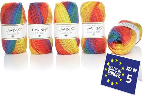 LAWINIA COLORISH Premium Regenbogen Garn DK, Regenbogen Wolle zum Stricken 5 x 100g - 350m 100% Acryl Strickgarn, Paintbox, Pastellwolle, Mehrfarbig Wolle, Farbverlaufsgarn, Ombre Garn, Rainbow Yarn