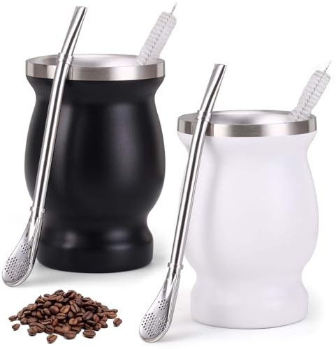 Vaileal Set di 2 tazze per maté, a doppia parete, in acciaio inox, con cucchiaio con cannuccia e spazzola per la pulizia, isolamento termico per tè, caffè, latte e succo (nero + bianco)