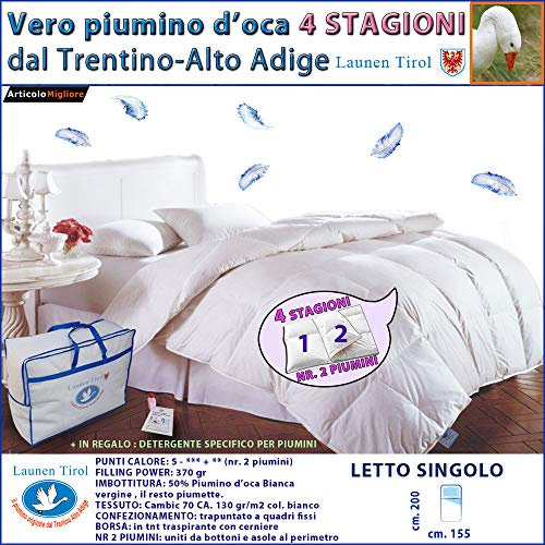 Piumone Letto Singolo 4 Stagioni in Piuma D'oca 155x200 cm, Originale Trentino Alto Adige, Piumino Letto Singolo Caldo 100% Vera Piuma D'Oca Naturale, Garanzia Marchio Daunex, LAUNEN TIROL