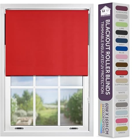 FURNISHED Blackout Roller Blind with Metal Fittings Trimmable Insulated Thermal Fabric Heavy-duty Easy Install Brackets Window Roller Blinds - Red, 240W x 165H cm
