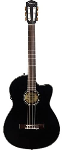 Fender CN-140SCE Nylon-Akustikgitarre, Walnuss-Griffbrett, Schwarz mit Koffer, Inklusive kostenloser virtueller Kurse auf Fender Play