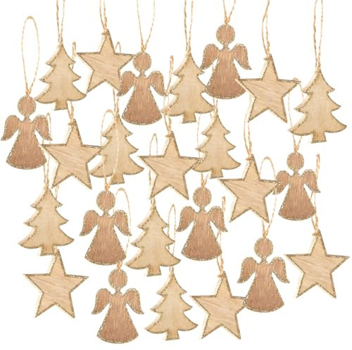 Logbuch-Verlag 24 Weihnachtsanhänger aus Holz Natur Gold - Stern + Baum + Engel - Christbaumanhänger Weihnachtsdeko