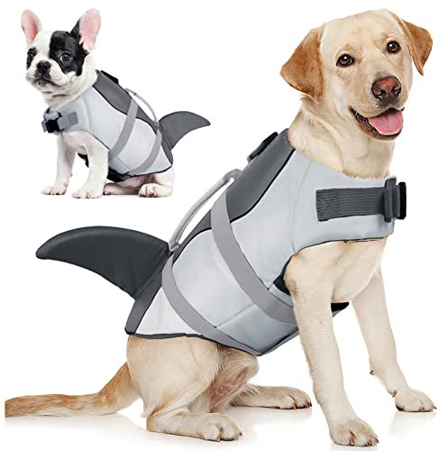 AOFITEE Schwimmweste Hund Klein, Hundeschwimmweste Hai für Schwimmen, Hohe Flotation Rettungsweste mit Rettungsgriff und Reflektorstreifen für Kleine, Mittlere, Große Hunde, Grau S