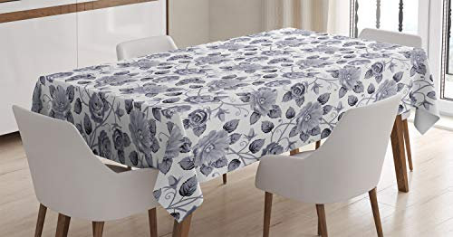 ABAKUHAUS Grau Tischdecke, Vintage Rosen-Blumenkunst, Druck mit Klaren Farben ohne Verblassen Waschbar für innen oder Außen Bereich, 140 x 170 cm, Weiß Grün