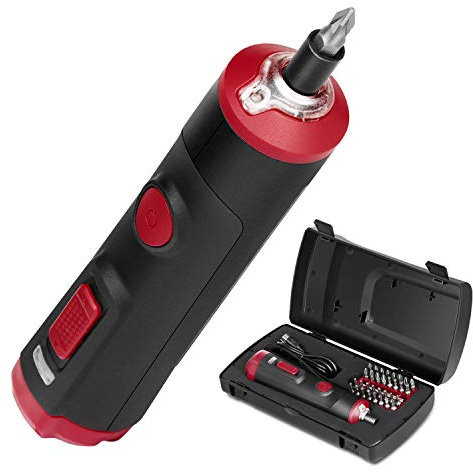 Eastvolt Destornillador eléctrico inalámbrico (4 V, 1500 mAh, batería recargable por USB, 32 puntas de destornillador HEX de 14, 1 soporte de extensión y caja de herramientas de almacenamiento,