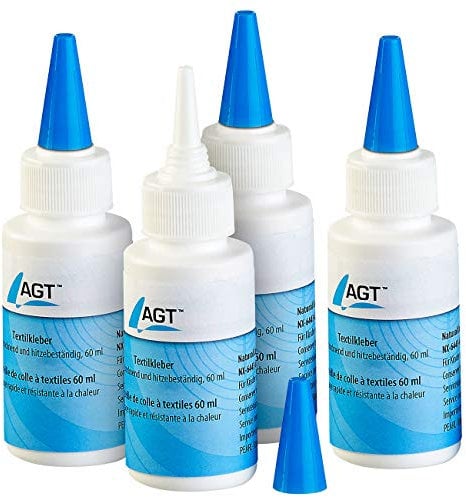 AGT Textilkleber wasserfest: 4er-Set Textilkleber, schnell trocknend und hitzebeständig, 4x 60 ml (Stoffkleber wasserfest, Textil Sekundenkleber, Bügelflicken)