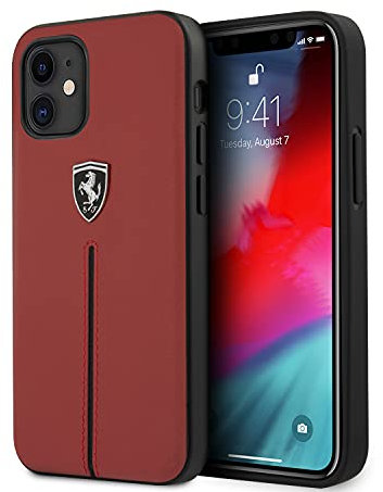 Ferrari Phone Case for iPhone 12 Mini Genuine Leather Hard Case Off Track with Contrasted Stitched Nylon Middle Stripe Red Easy Snap-on Drop Protection Case Officially Licensed